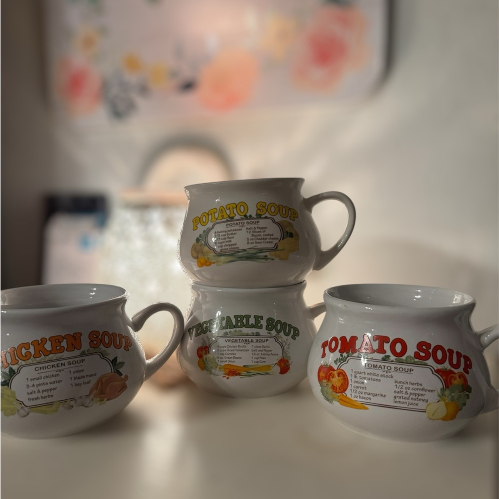 Vintage Soup Mug Set - White with Colorful Designs